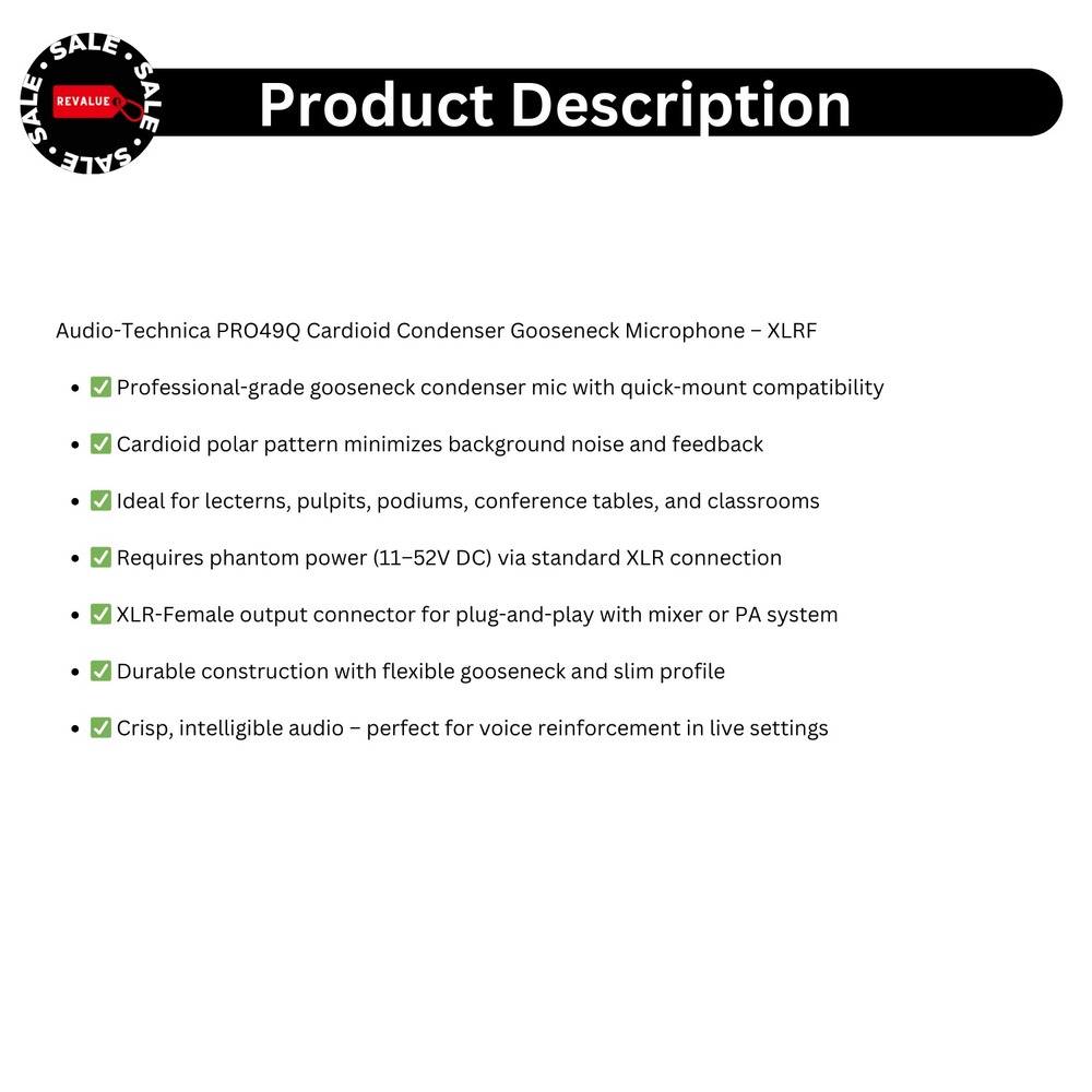 Audio-Technica PRO49Q Cardioid Gooseneck Condenser Mic XLRF Quick-Mount Pro - Picture 2 of 10